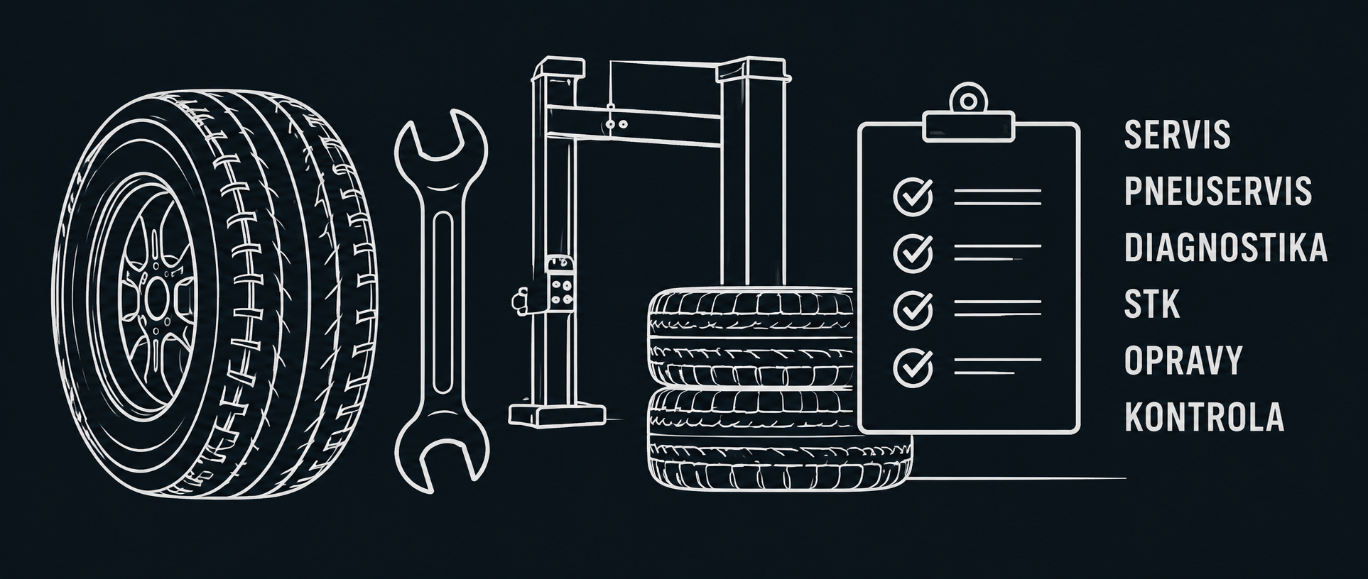 Ilustrace autoservisu a pneuservisu – servis, pneuservis, diagnostika, STK, opravy, kontrola